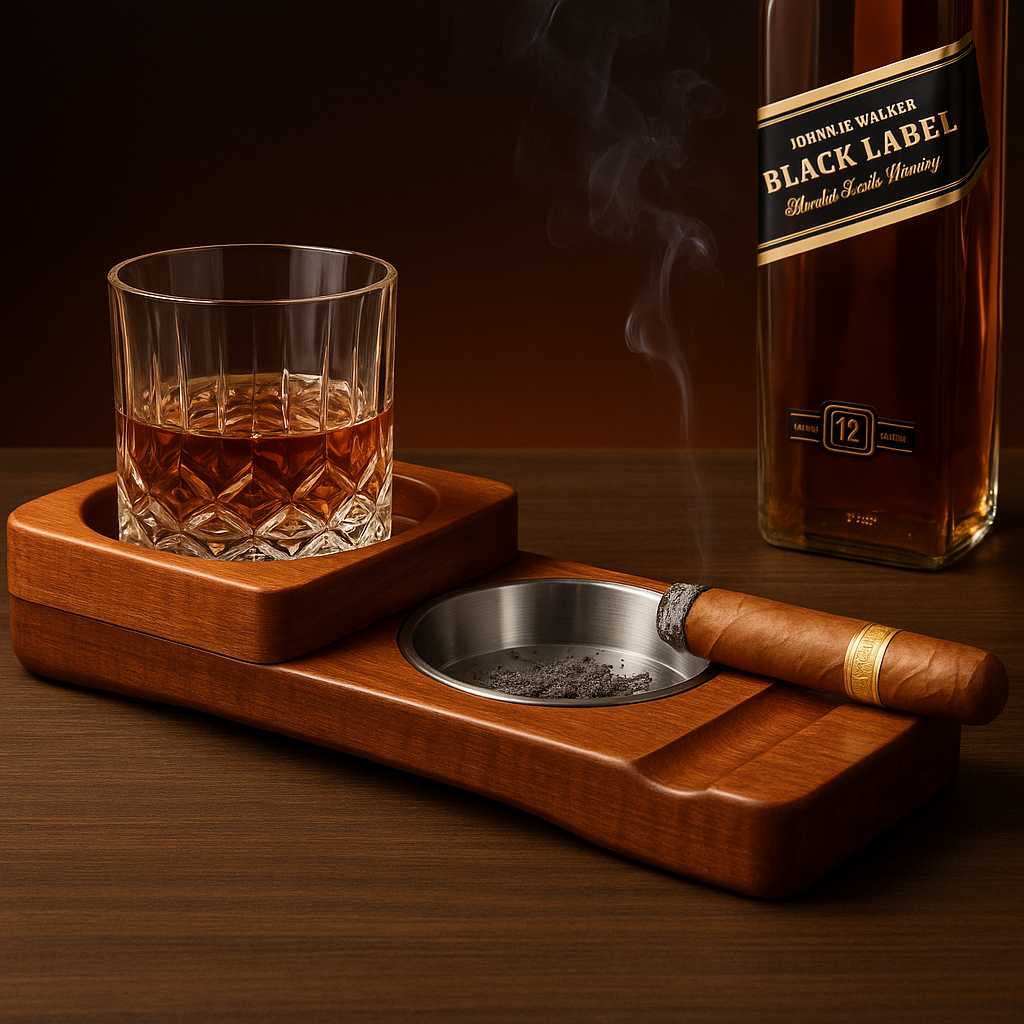2 IN 1 WOODEN ASHTRAY - WHISKEY GLASS CUP TRAY AND CIGARETTE HOLDER FOR HOME AND OFFICE DECORATION