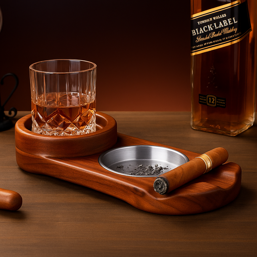 2 IN 1 WOODEN ASHTRAY - WHISKEY GLASS CUP TRAY AND CIGARETTE HOLDER FOR HOME AND OFFICE DECORATION