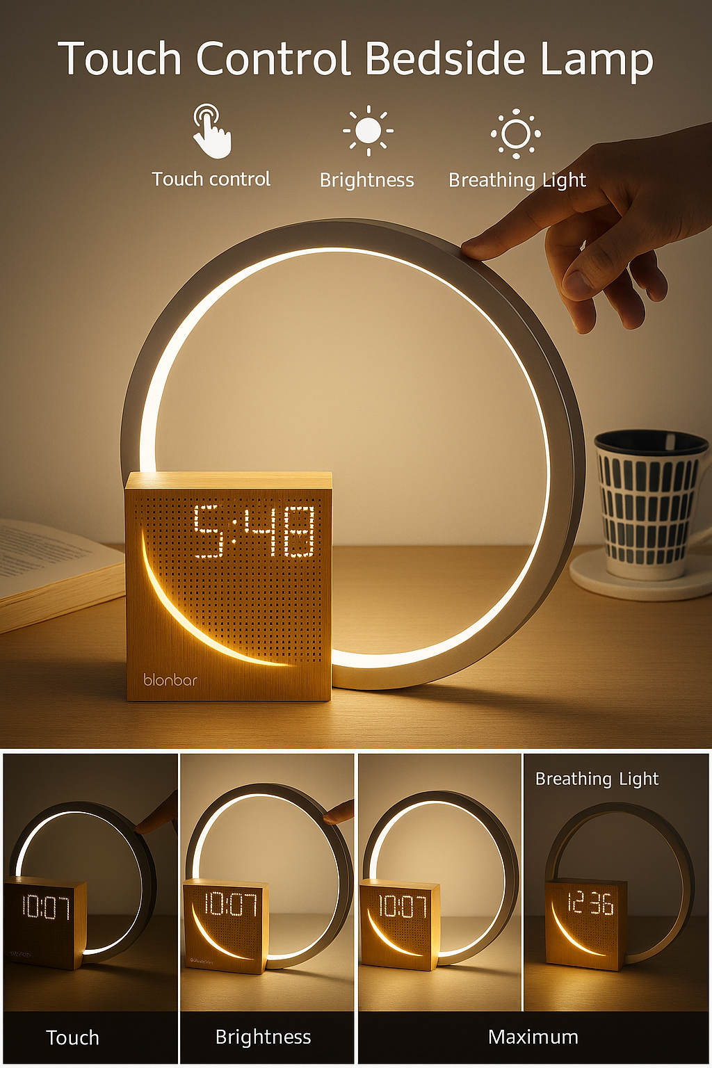 BEDSIDE TABLE TOUCH LAMP WITH NATURAL SOUND - DESK LAMP WITH ALARM CLOCK ,TOUCH CONTROL 3 LEVEL BRIGHTNESS HOME DECOR & GIFT ITEM.